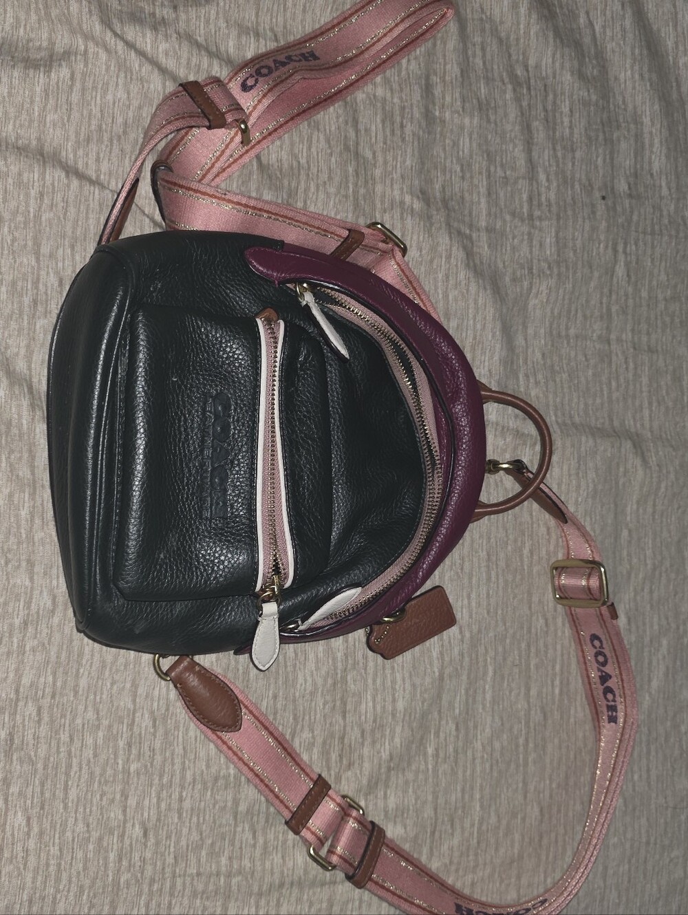 Coach Black Leather Mini Backpack with Pink Logo Strap and Plum Trim